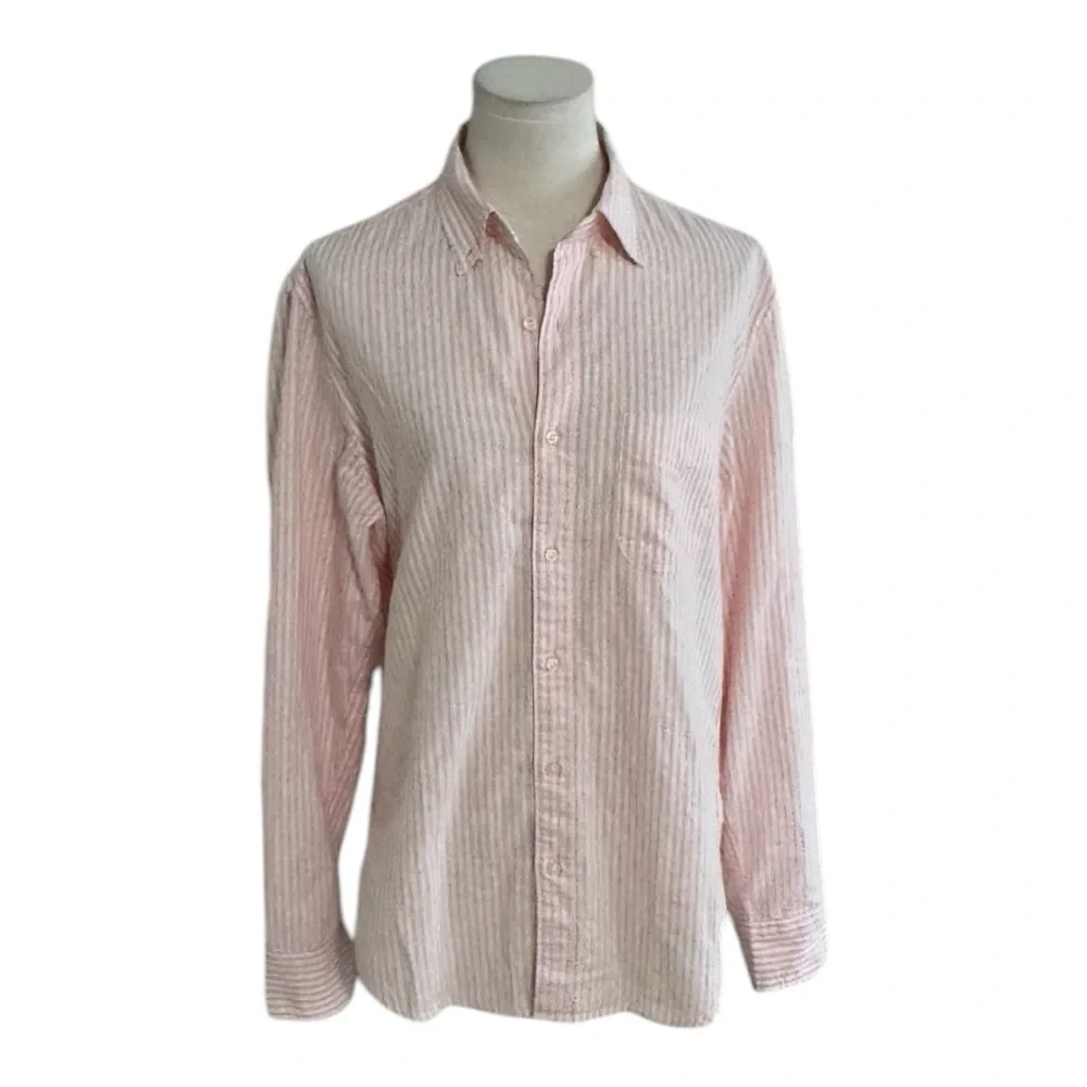 Slim Broken-In 100% Cotton Oxford Button Down Shirt Size M White Pink Stripes Up